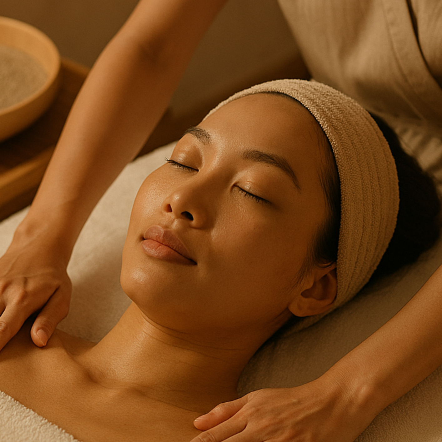 Woman receiving a head massage in a spa setting